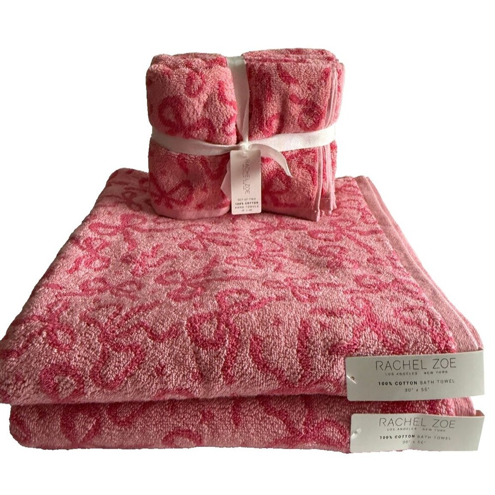 Rachel Zoe Coquette Pink Bow Bath Hand Towel Set 100% Cotton Set of 4 Reversible